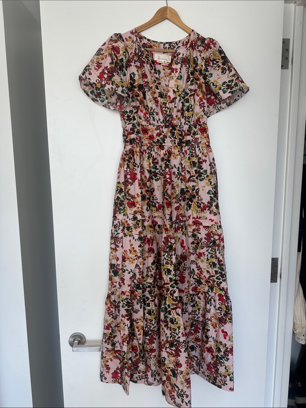 Anthropologie Pink Floral Tiered Maxi Dress